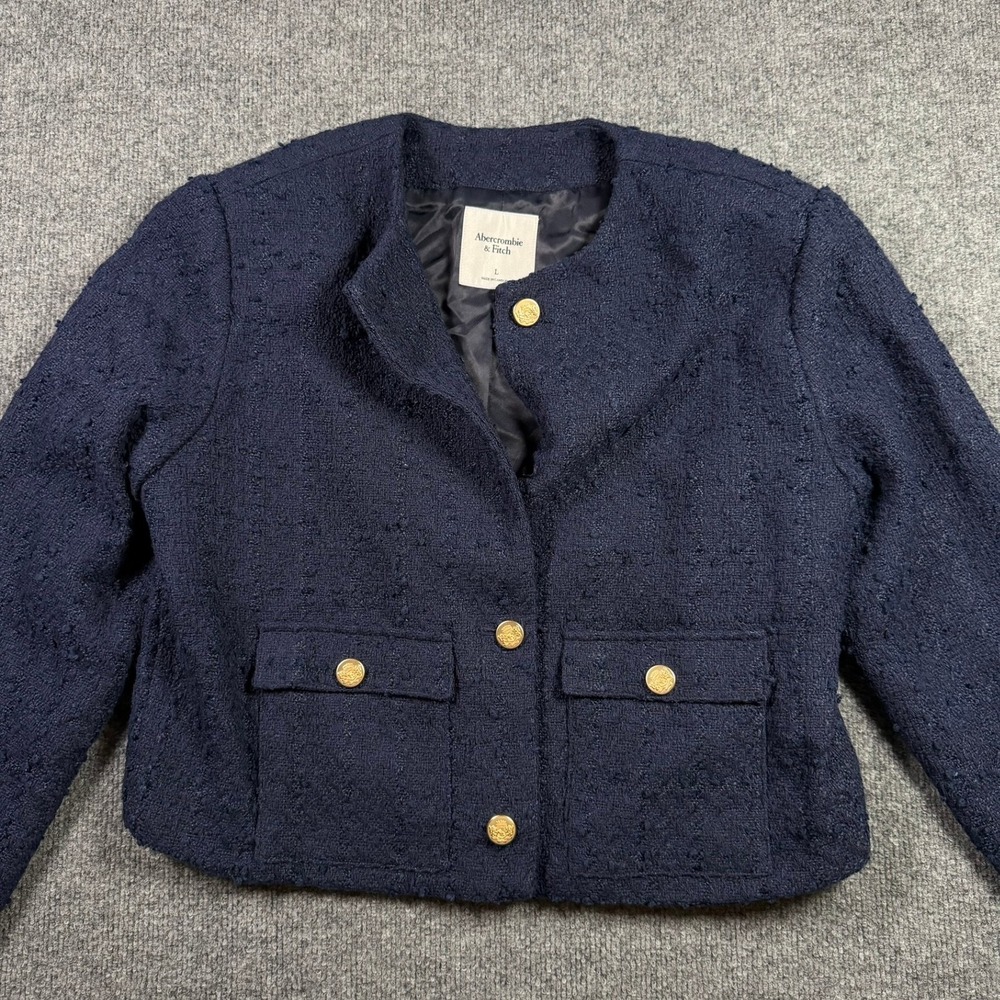 Abercrombie & Fitch Tweed Jacket Women Large Navy Gold Button Cropped Blazer